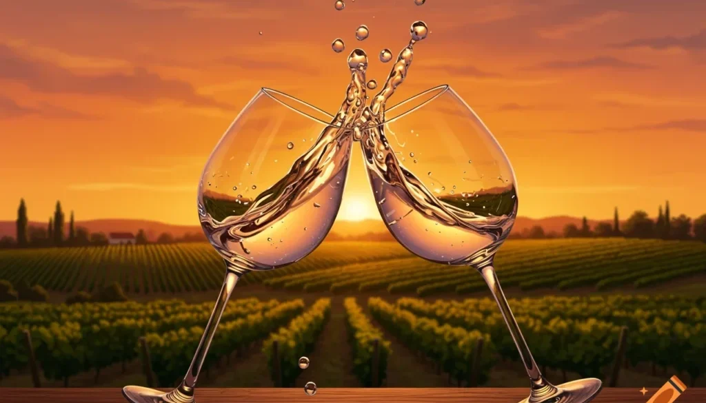 Two wine glasses filled with rosé on a stone terrace overlooking Lake Como at sunset.”
